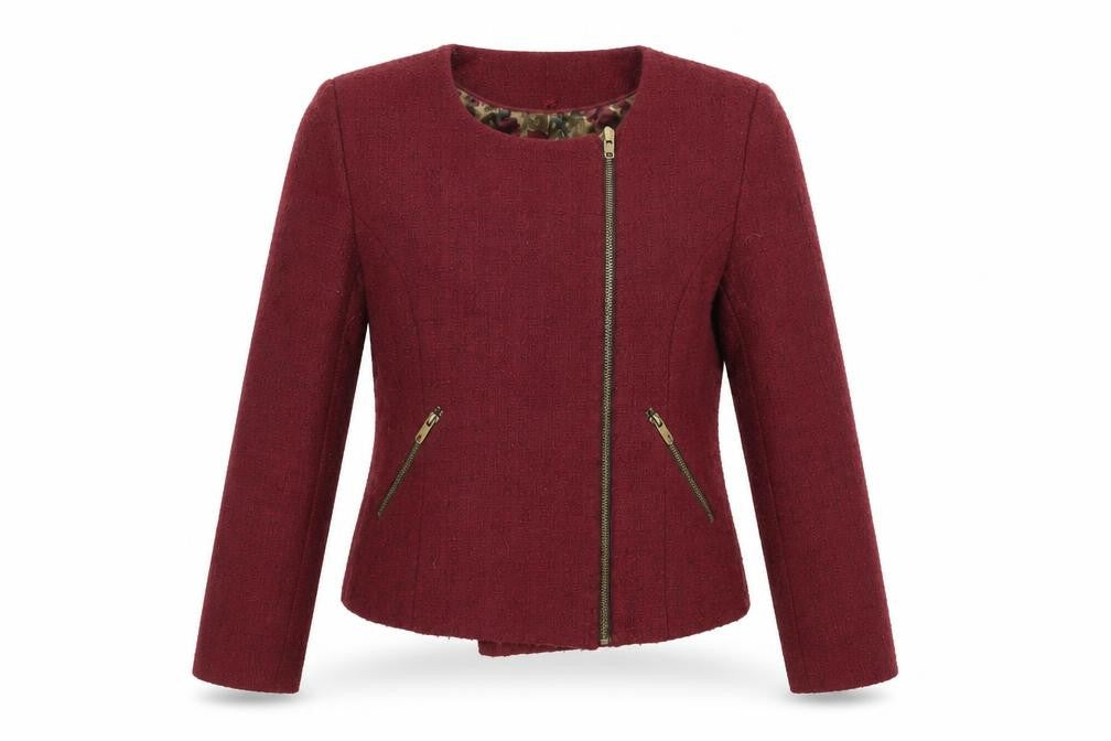 Front view of Ness Women’s Red Cropped Biker Jacket, size UK 10