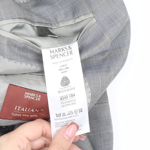 Marks and Spencer Men's Grey Check Blazer, 40 Short, Wool
