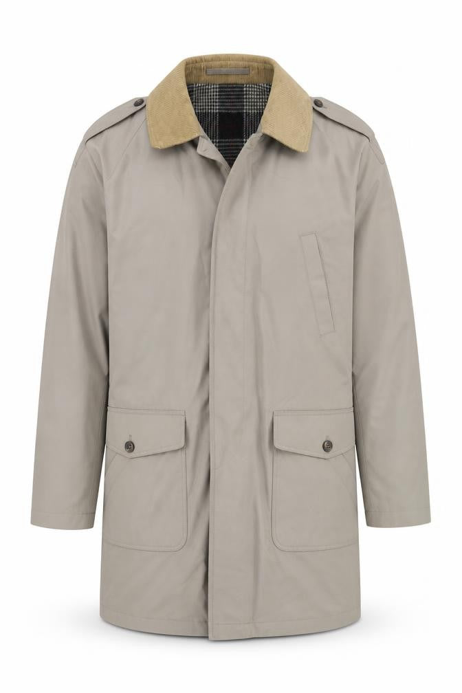 Front view of Canda Men's Beige 44in Check Lined Overcoat