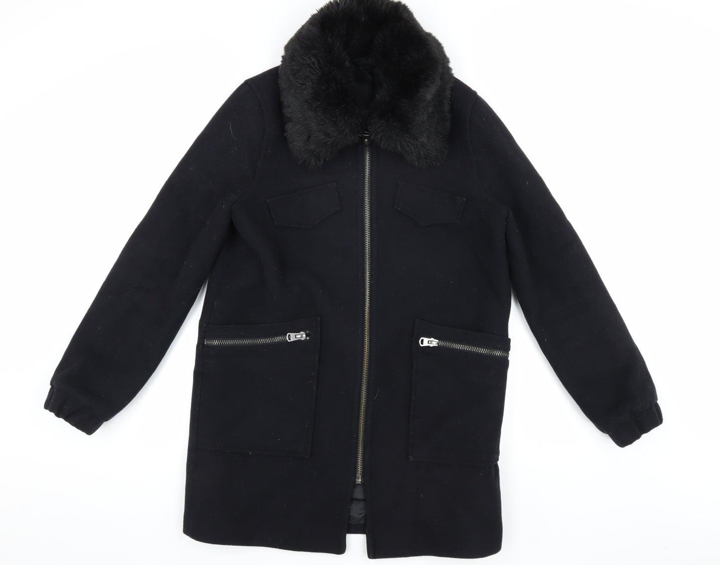 Topshop Women's Black Wool Overcoat - Size 12