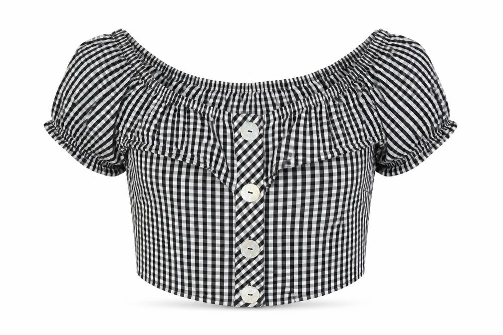 Front view of Topshop Women's Black Check Off-Shoulder Cropped Blouse, size 6