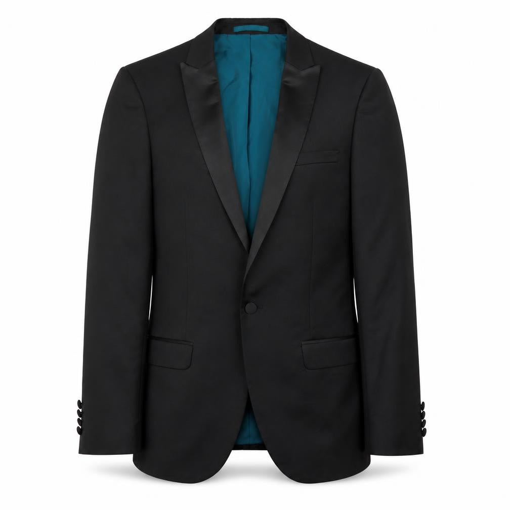 Front view of River Island Men's Black Tuxedo Blazer, 40R, Shawl Lapel