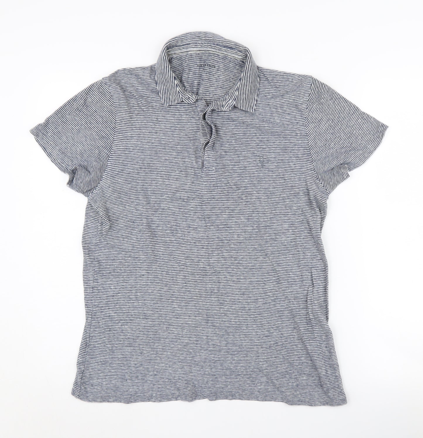 AllSaints Men's Grey Striped Polo Shirt Small