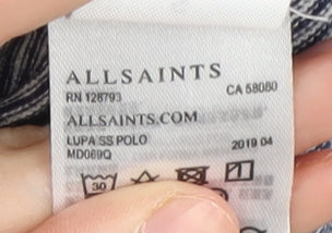 AllSaints Men's Grey Striped Polo Shirt Small