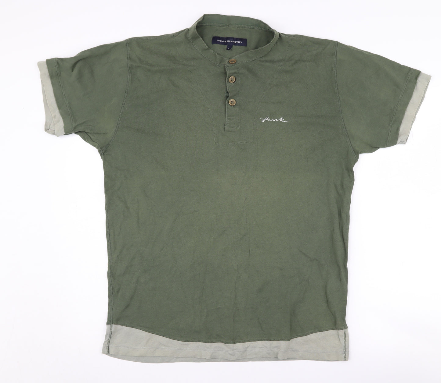 French Connection Men's Green Henley T-Shirt L
