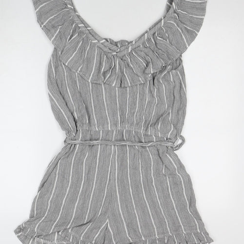 Next Grey Striped Women's Playsuit Size 16 Ruffle V-Neck