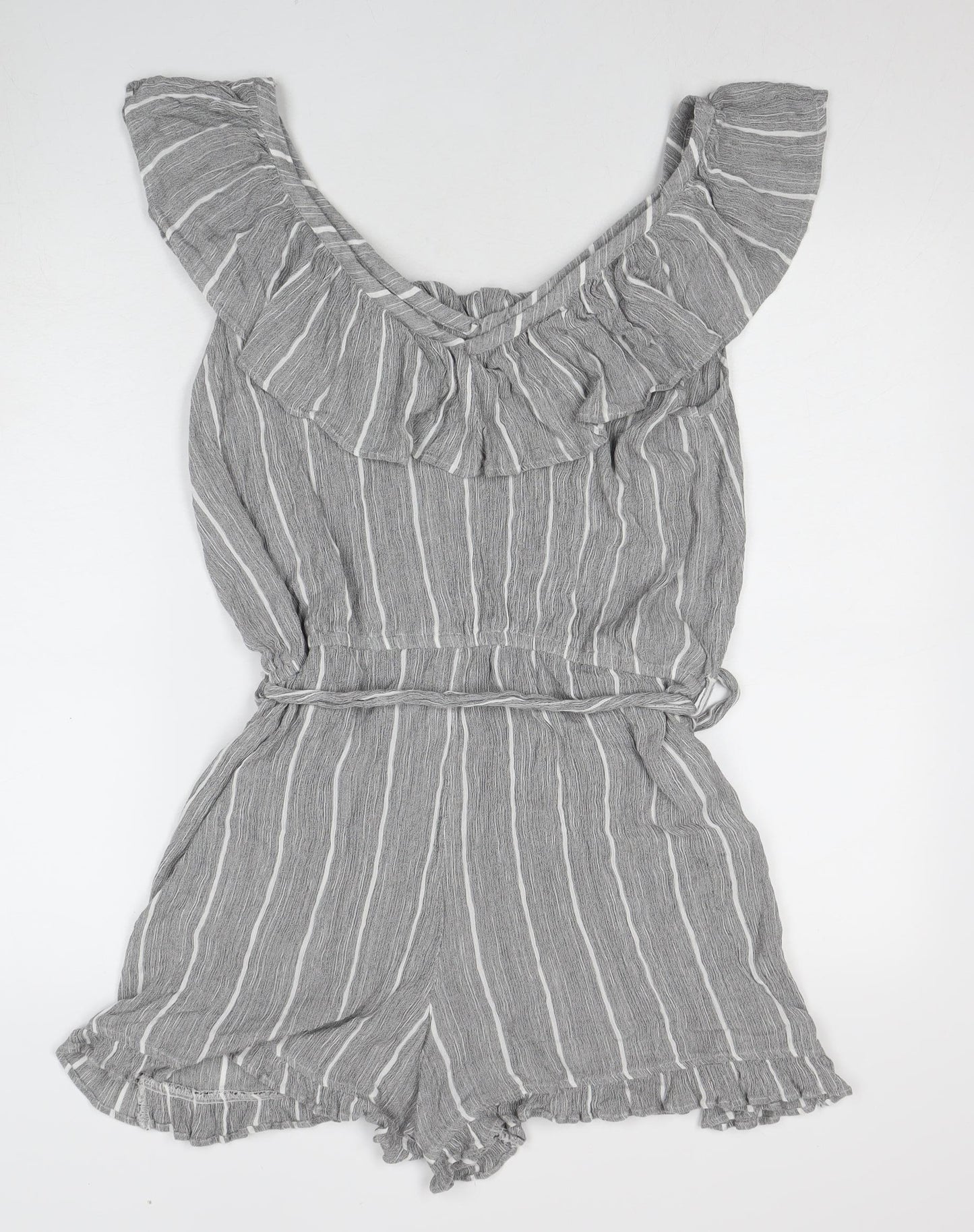 Next Grey Striped Women's Playsuit Size 16 Ruffle V-Neck