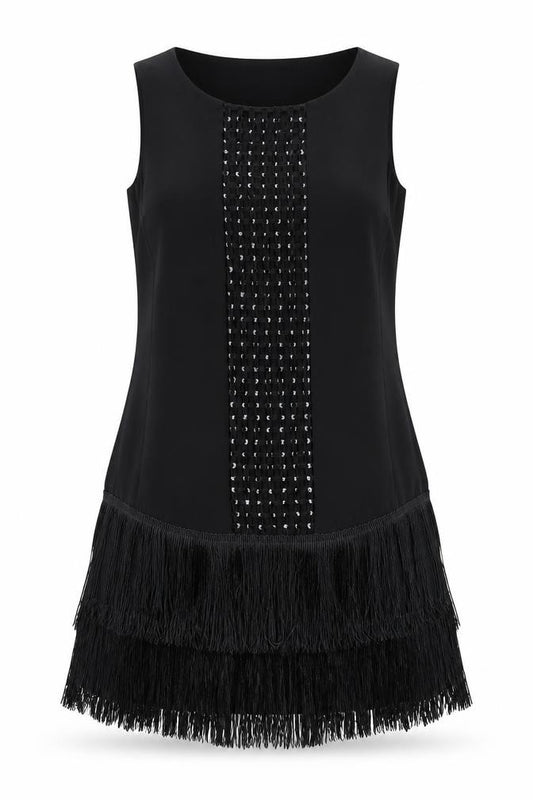 Front view of Principles Petite Black Fringe Shift Dress, size 10