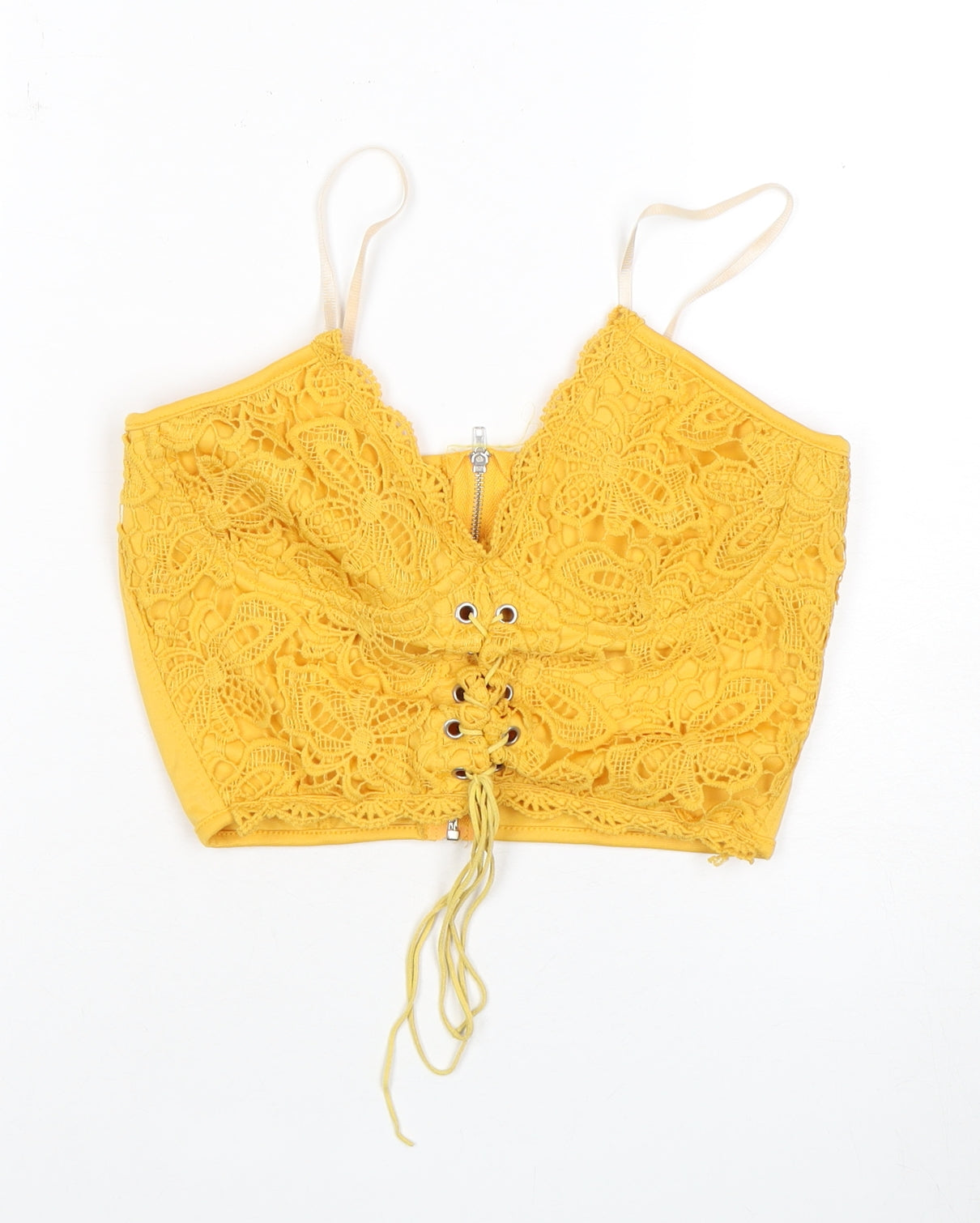 Romwe Women’s Yellow Lace Camisole Crop Top, Size S