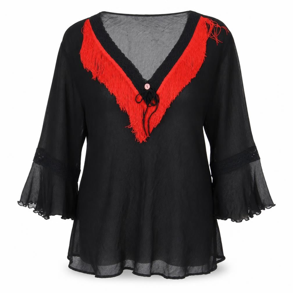 Front view of Silk Land Women's Black Flared Sleeve Blouse