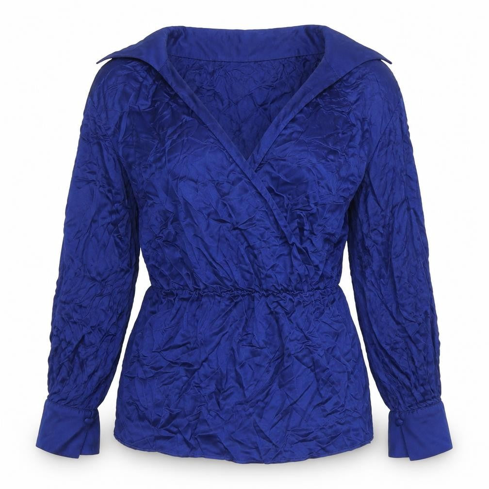 Front view of Next Women's Blue Wrap Blouse, size 16, V-Neck