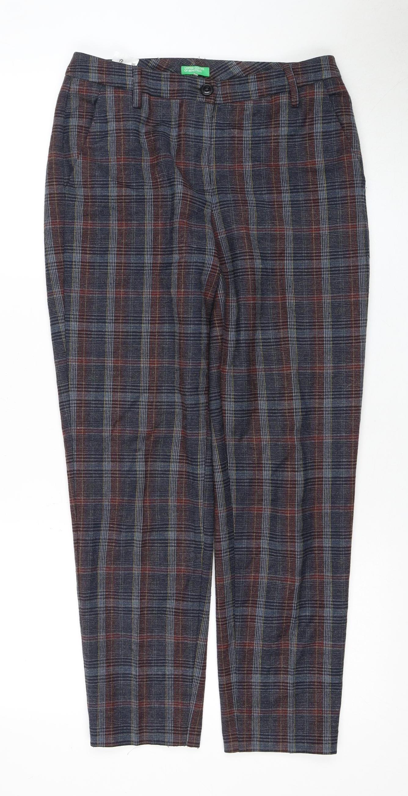United Colors of Benetton Women's Navy Plaid Wool Blend Trousers Size 8