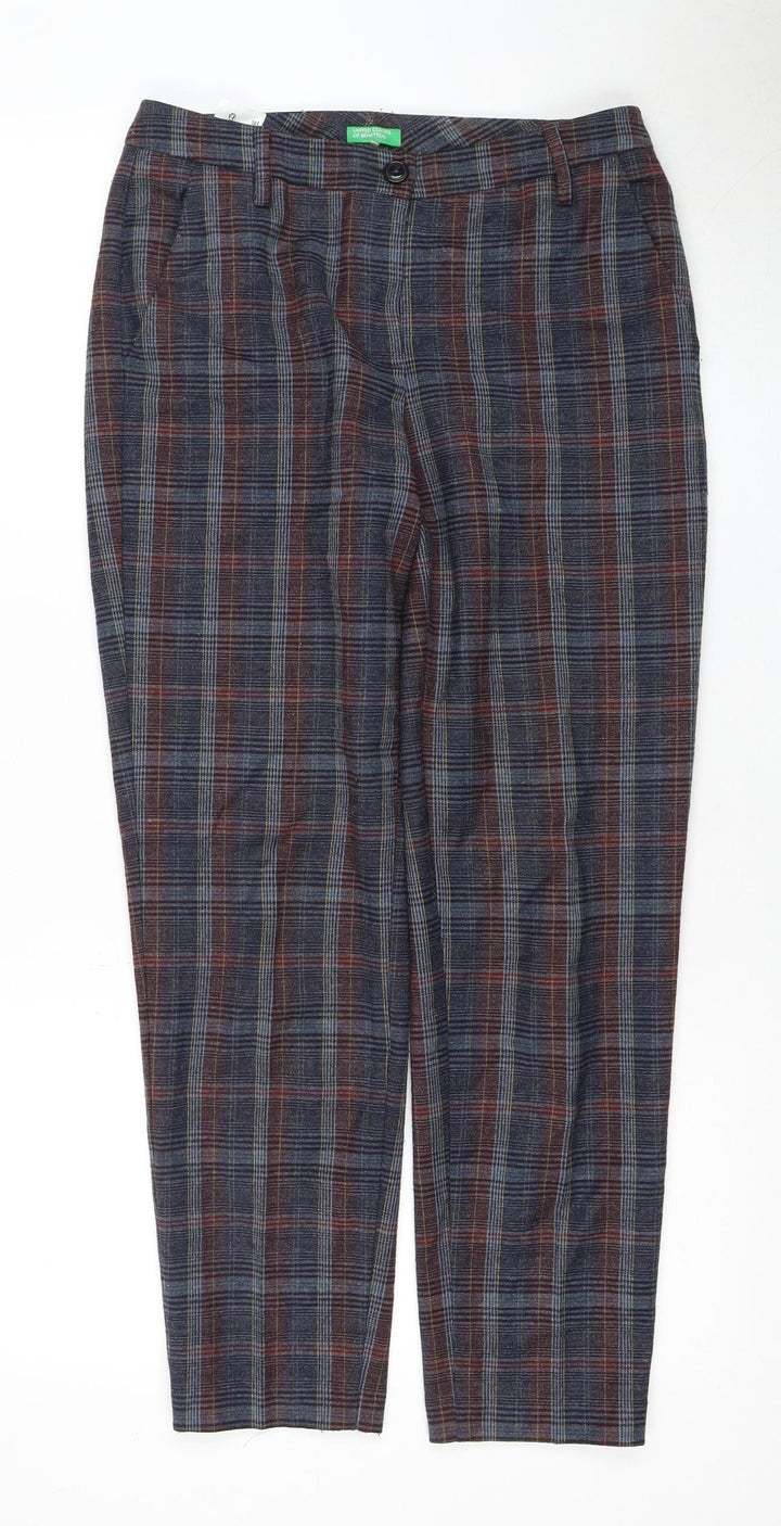 United Colors of Benetton Women's Navy Plaid Wool Blend Trousers Size 8