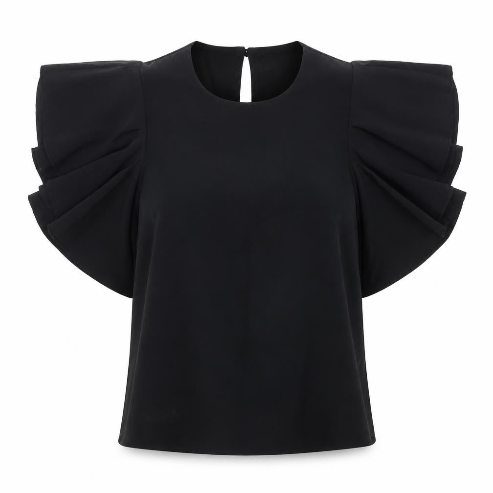 Front view of Warehouse Women's Black Flutter Sleeve Top, size 6