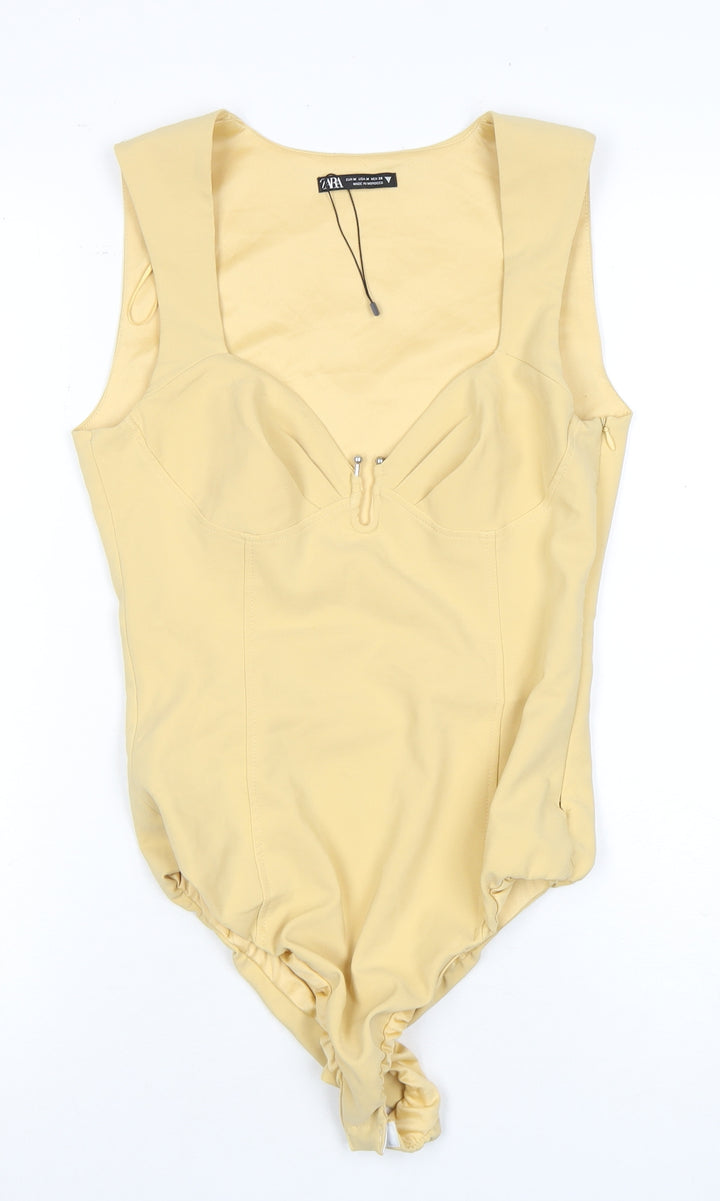 Zara Womens Beige Bodysuit M Slim Fit Sweetheart Neck
