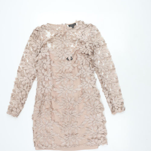 Topshop Women's Beige Embroidered Shift Dress Size 8
