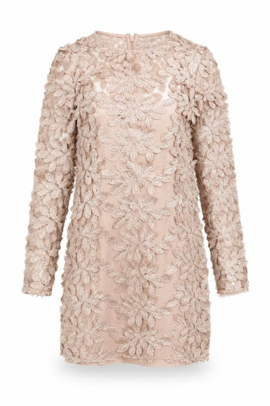 Front view of Topshop Women's Beige Embroidered Shift Dress, size 8