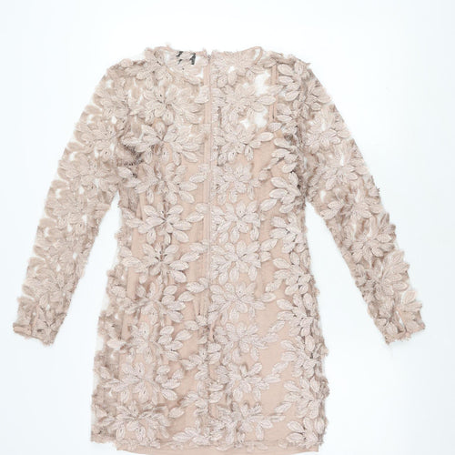 Topshop Women's Beige Embroidered Shift Dress Size 8