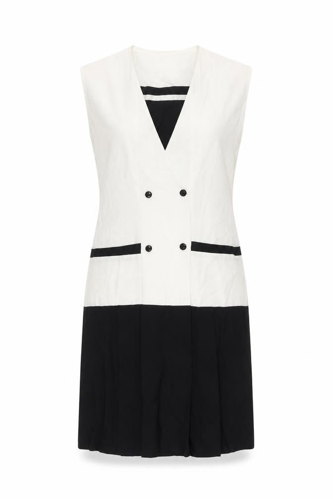 Front view of Lemona Women's Ivory Black Colourblock Dress, size 16