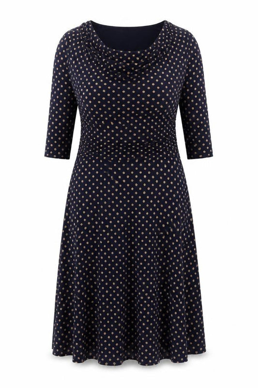 Front view of Heather Valley Women's Blue Polka Dot Dress 12
