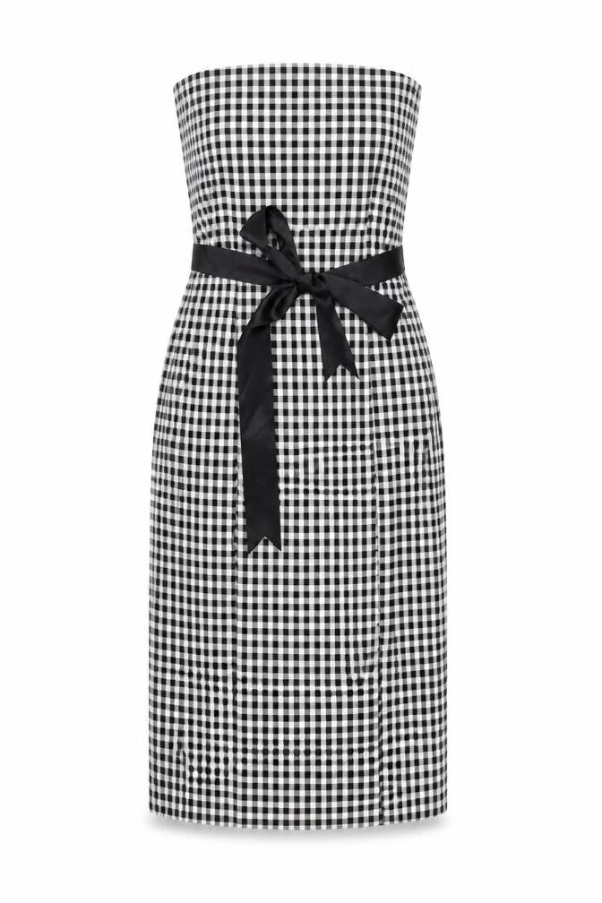 Front view of Next Women's Black White Check Strapless Dress, size 12