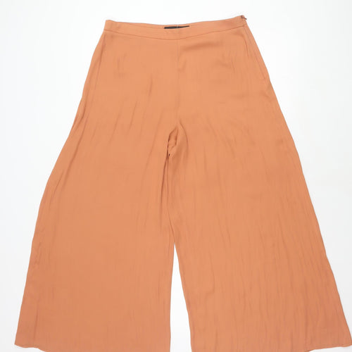 Zara Women Beige Wide-Leg Trousers L Relaxed Fit