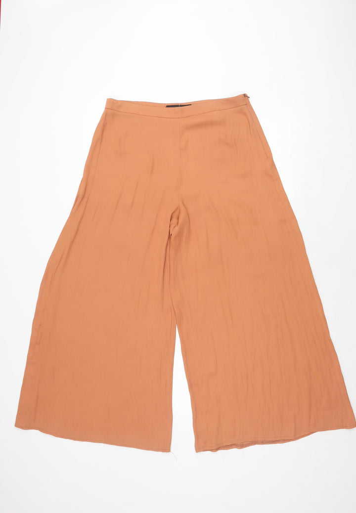 Zara Women Beige Wide-Leg Trousers L Relaxed Fit