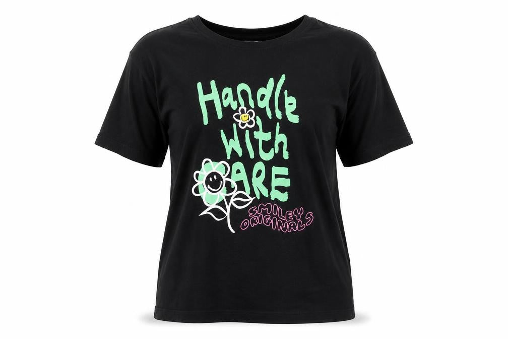 Front view of Smiley Originals Black M Crew Tee unisex, funny design