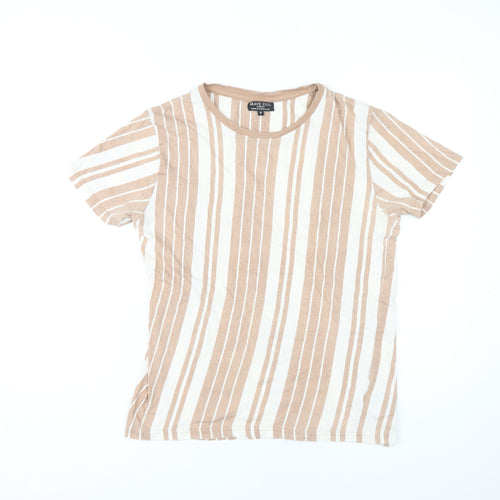 Brave Soul Women's Beige Striped T-Shirt, M, Crew Neck