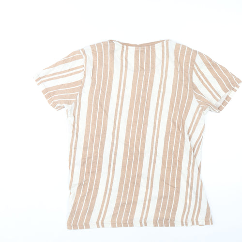 Brave Soul Women's Beige Striped T-Shirt, M, Crew Neck