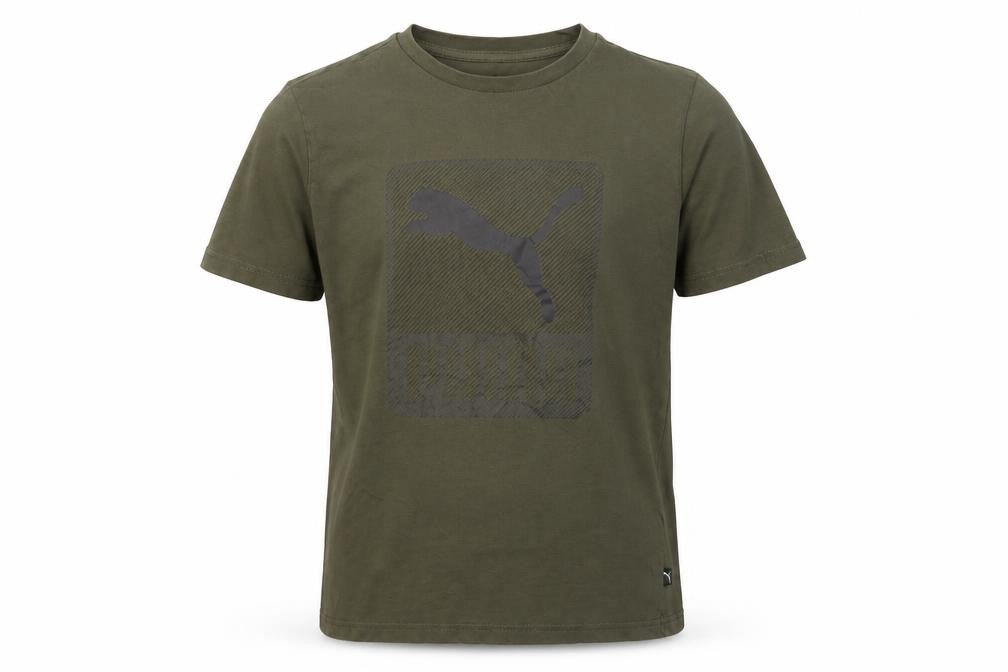 Front view of Puma boys’ green t-shirt, size L, basic logo style