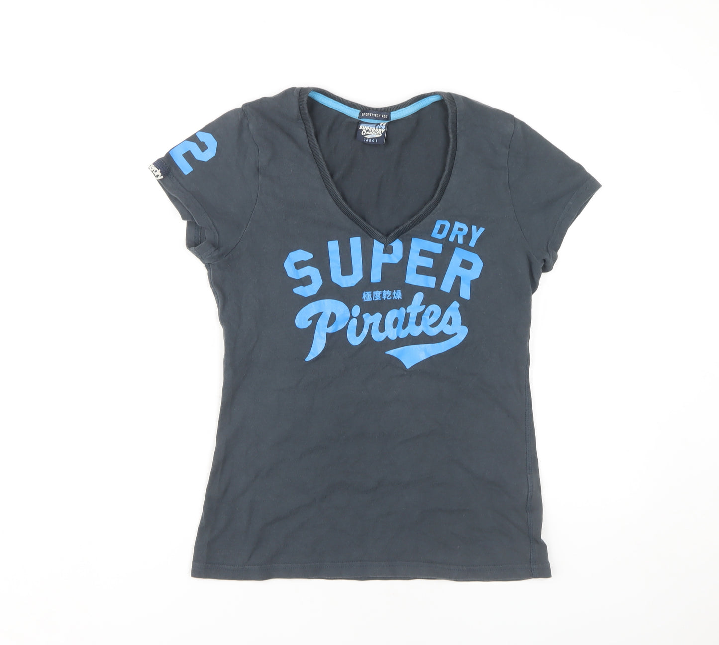 Superdry Women's Black V-Neck T-Shirt Size L