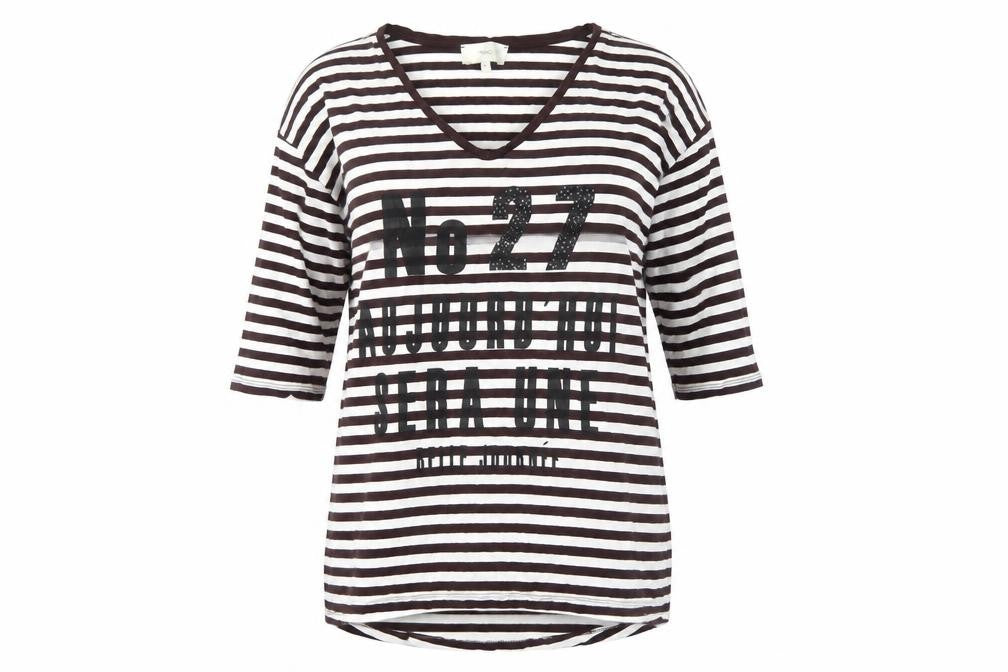 Front view of Next Women's Black & White Striped V-Neck T-Shirt, size 10