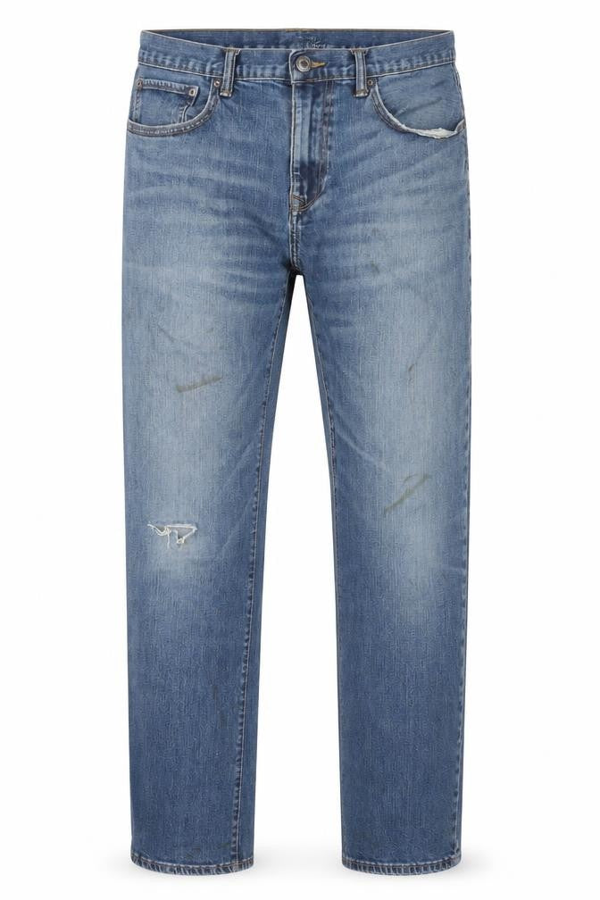 Front view of Gap Men's Blue Straight Jeans, size 36, Distressed Style