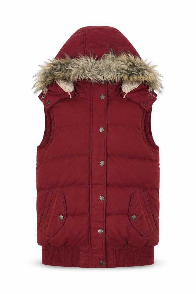 Front view of FatFace Women's Red Hooded Puffer Waistcoat, size 10