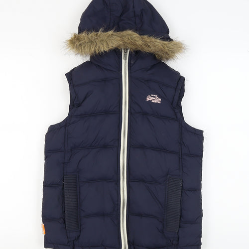 Superdry Women's Blue Waistcoat, Size S, Hooded Fur Trim