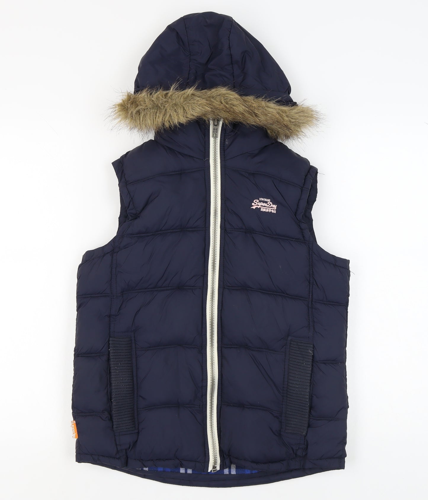 Superdry Women's Blue Waistcoat, Size S, Hooded Fur Trim