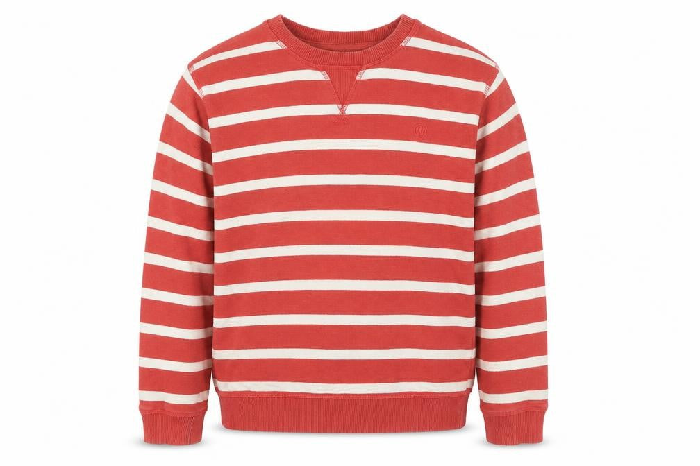 Front view of FatFace girls’ red striped pullover sweatshirt 7-8 years