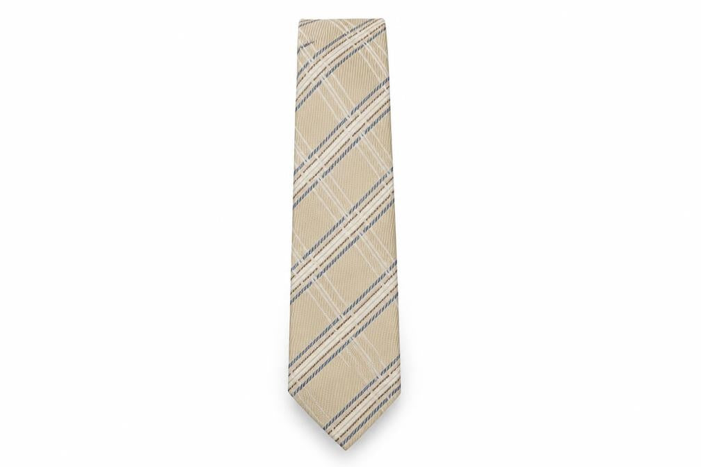 Front view of Pierre Cardin Men's Beige Silk Plaid Tie One Size
