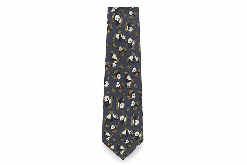Front view of René Chagal Blue Silk Panda Men's Designer Tie
