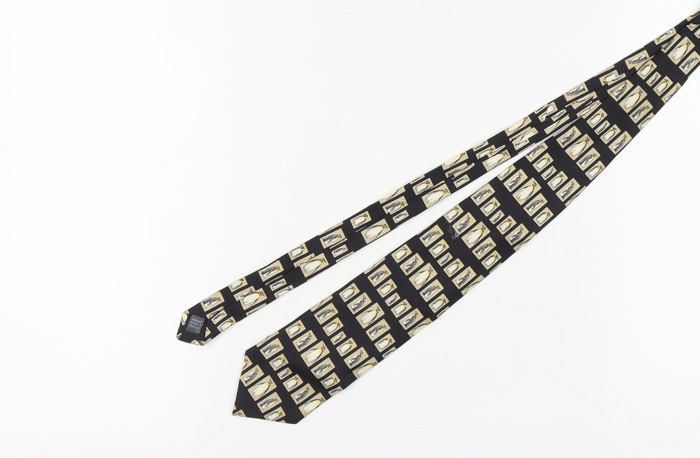 Men's Black Beige Penguin Print Silk Tie