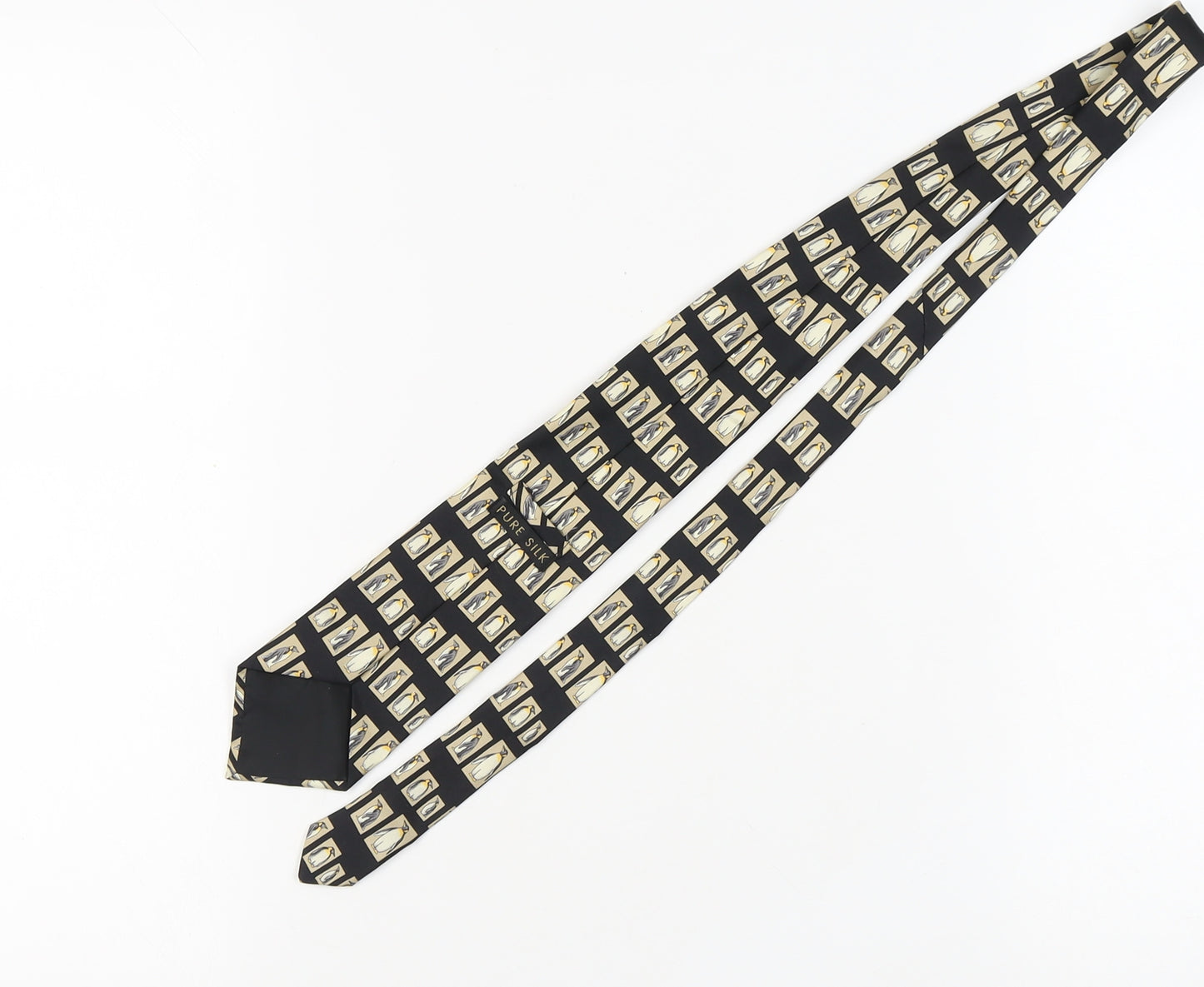 Men's Black Beige Penguin Print Silk Tie