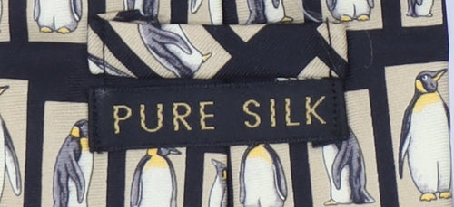 Men's Black Beige Penguin Print Silk Tie