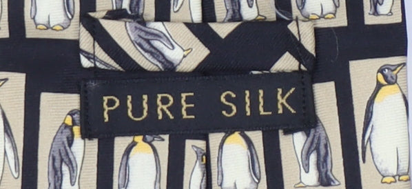 Men's Black Beige Penguin Print Silk Tie