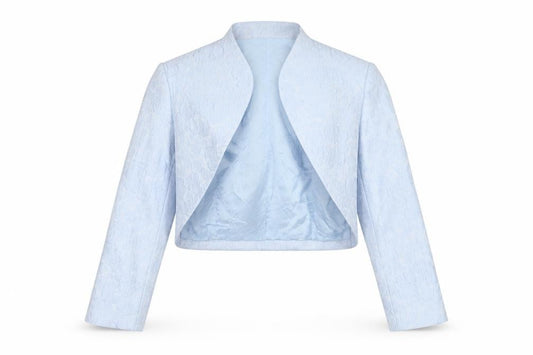 Front view of Condici Women's Blue Floral Cropped Blazer, size 8