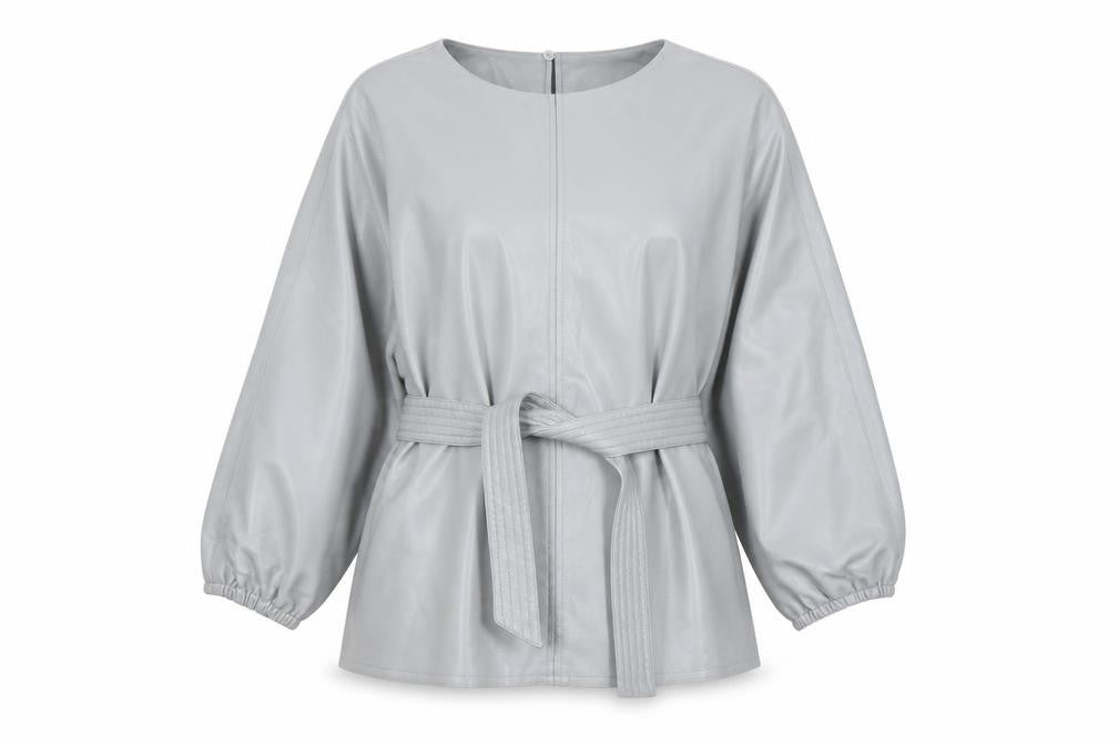 Front view of Yaya Women's Grey Long Sleeve Belted Top, size 8