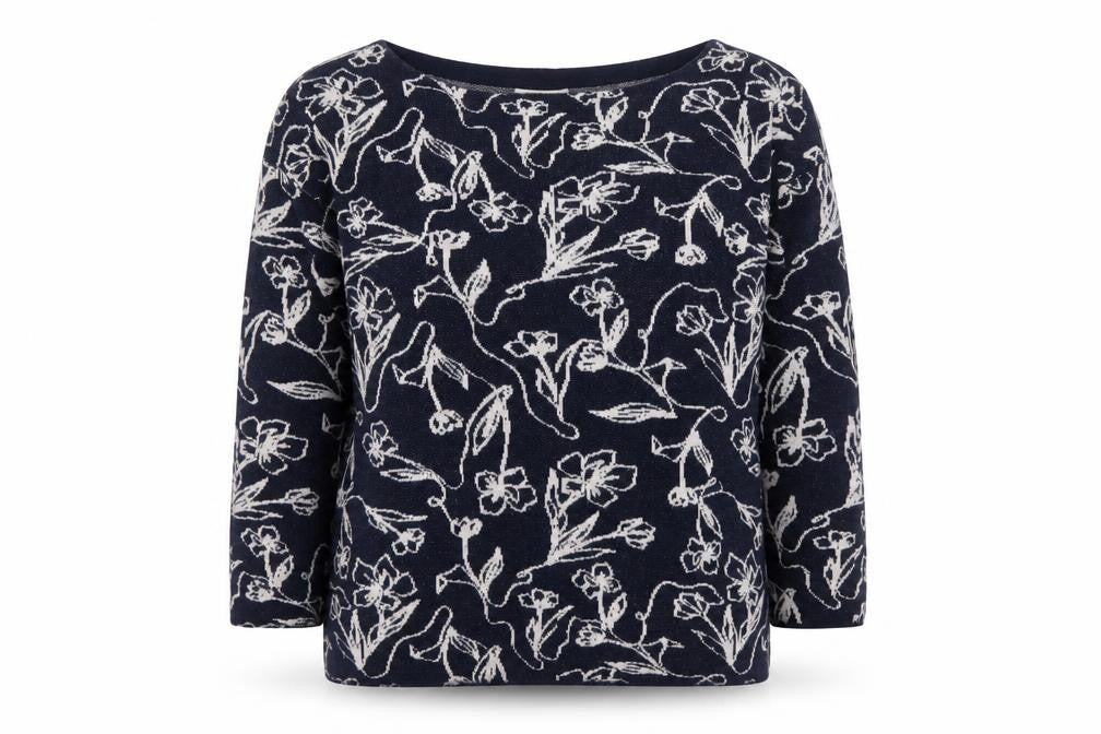 Front view of Monsoon Women's Blue Floral Pullover, M