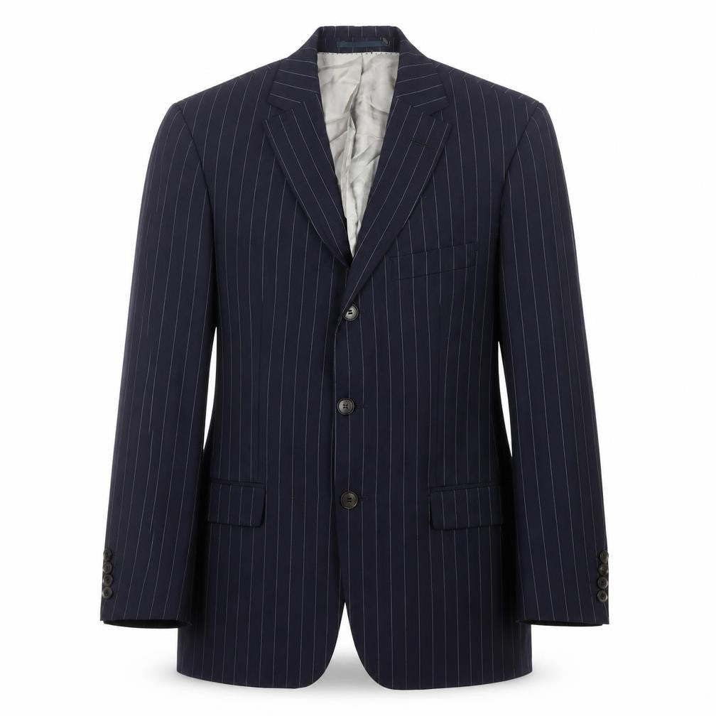 Front view of Hugo Boss Men’s Blue Striped Blazer, size 36, Classic Style