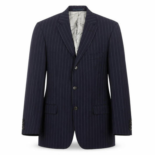 Front view of Hugo Boss Men’s Blue Striped Blazer, size 36, Classic Style