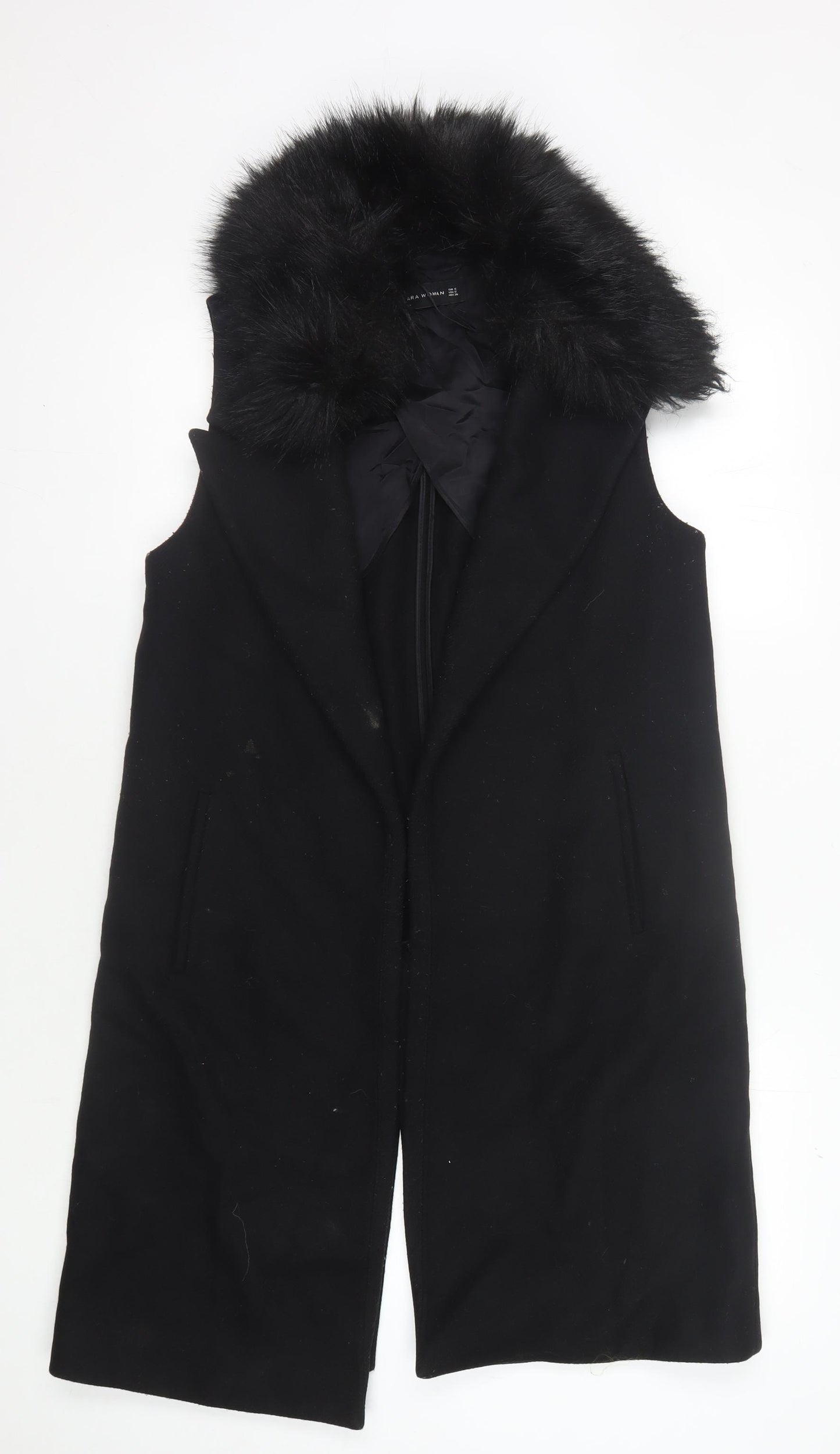 Zara Woman Black Fur Trim Long Coat, Size S